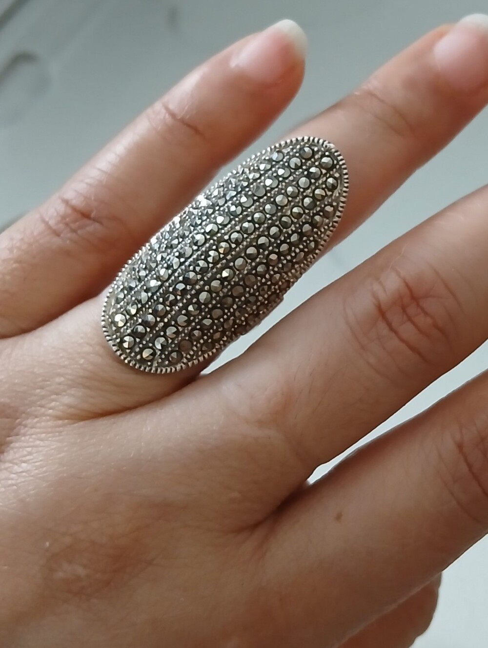 Silver-Tone Statement Dome Ring - Sparkling Marcasite Accent